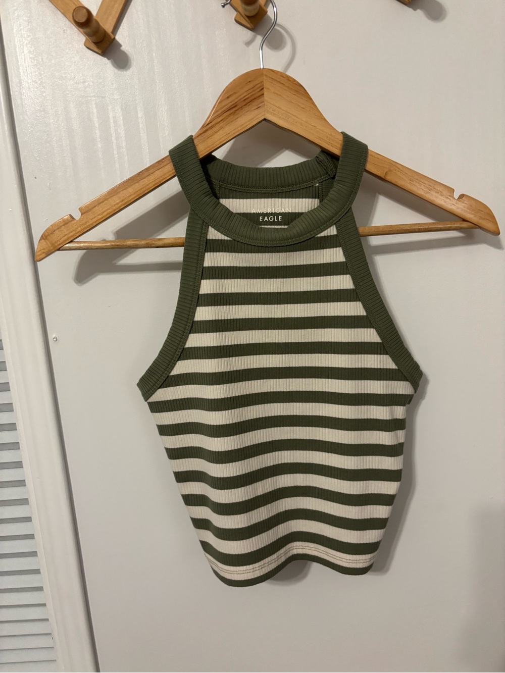 American Eagle Outfitters Olive Green and Cream Striped Ribbed Crop Tank